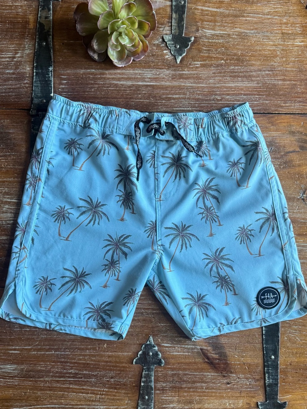 Kids Retro Light Blue Palm Print Swim Trunks with Drawstring